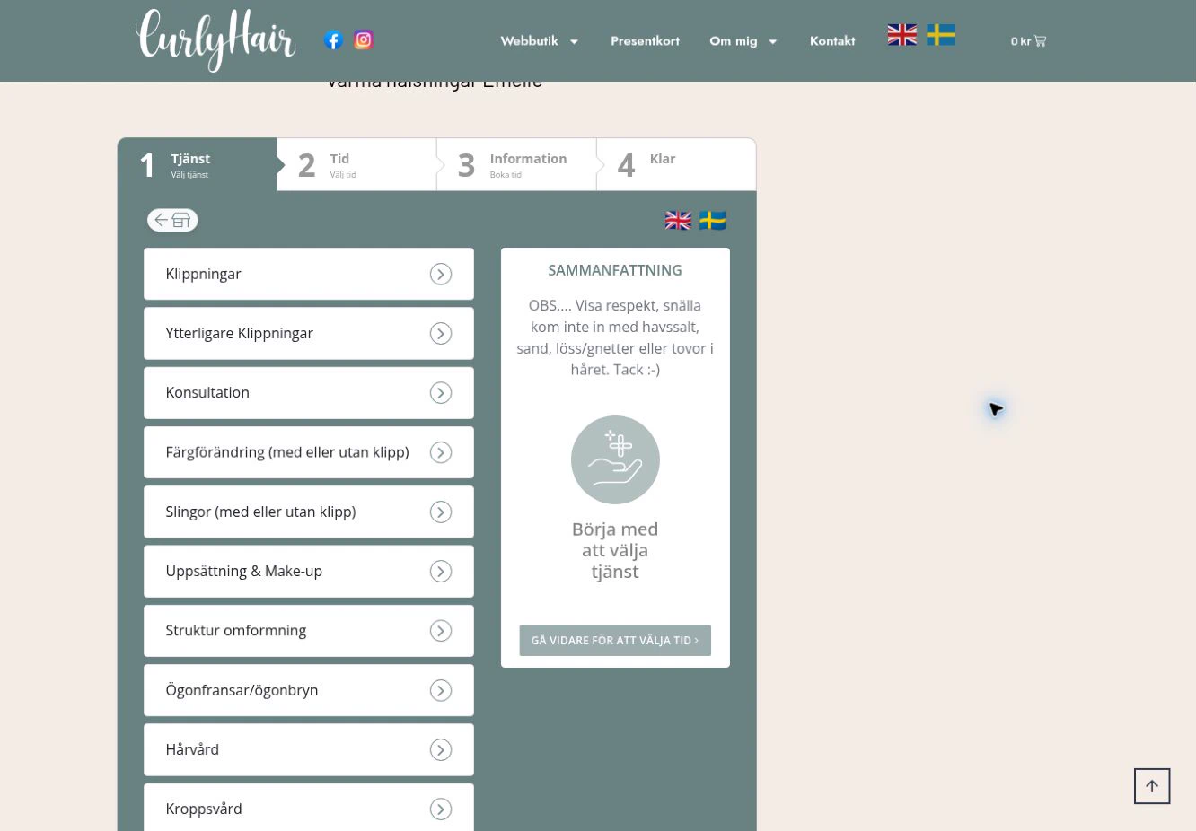 Timma appointment service selection embedded in the CurlyHair website