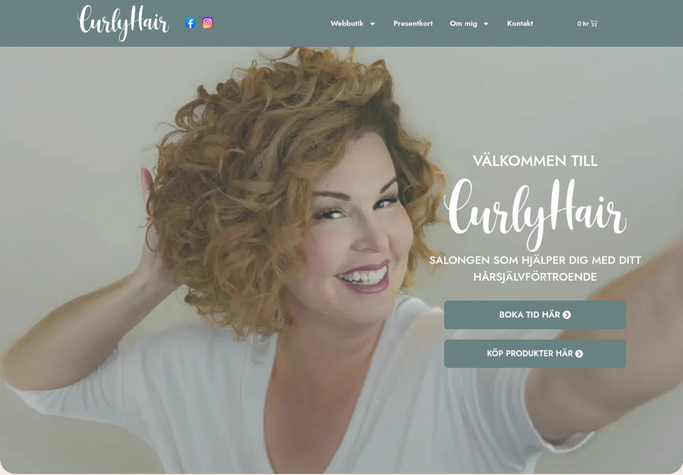 CurlyHair homepage with portrait photography and booking and shop links