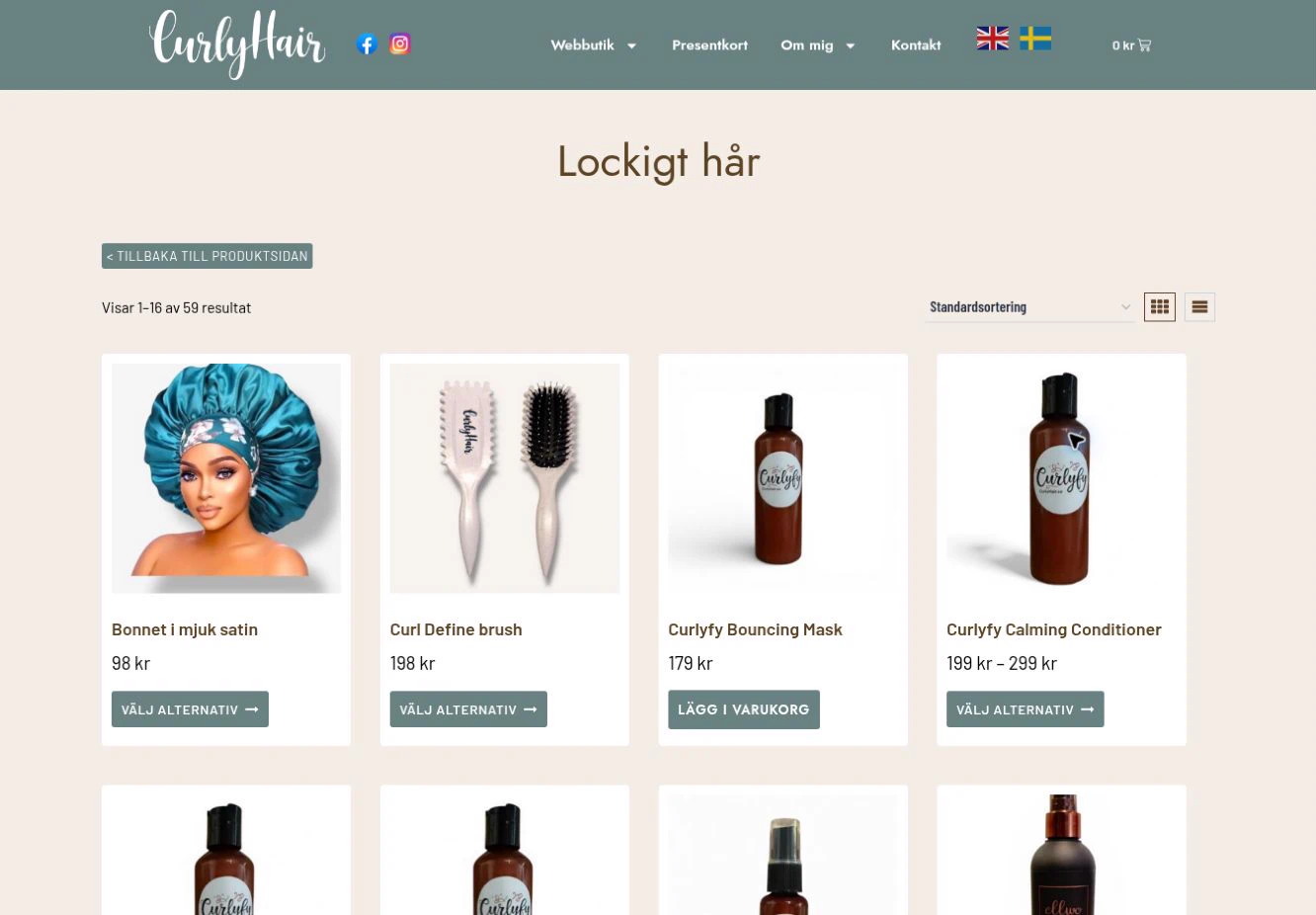 Curly hair product collection with product cards and sorting controls