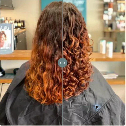 A before-and-after hair comparison on the CurlyHair website: the same hair shown on either side of a divider