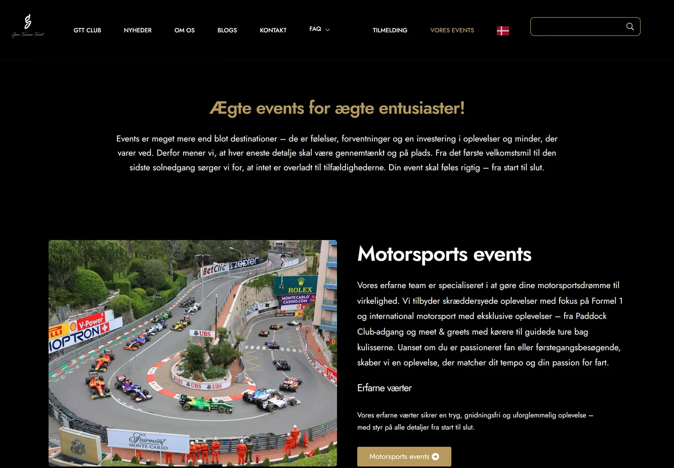The events page of Gran Turismo Travel presenting motorsport events with a photograph of a Formula 1 circuit