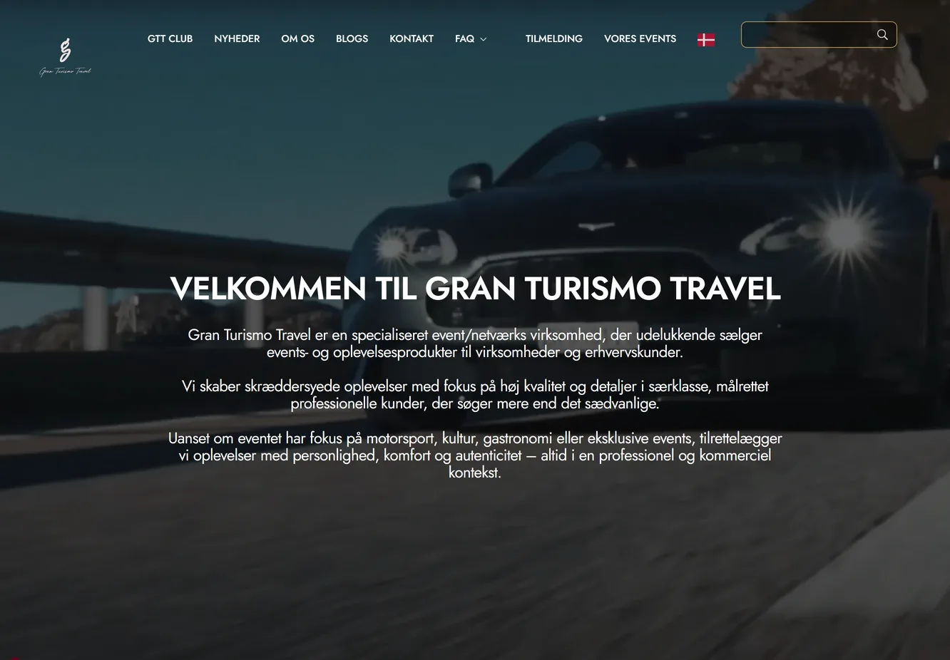 The redesigned Gran Turismo Travel homepage: a full-screen hero with the company’s welcome text