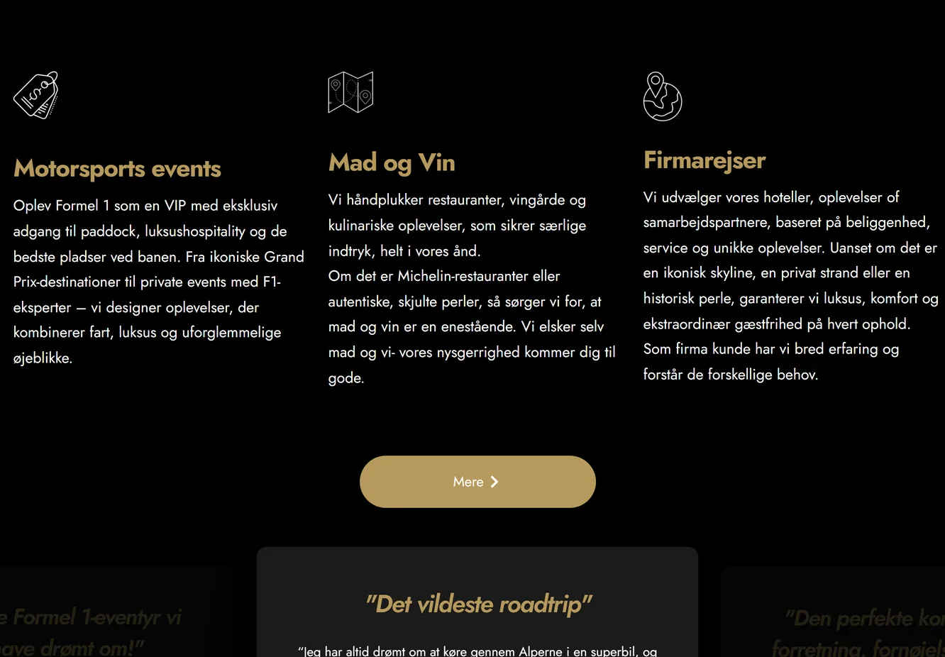 The homepage offer section of Gran Turismo Travel with three offers and gold line icons