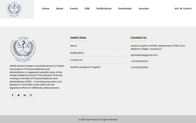 The footer of the IAPMR Kerala website with the chapter’s useful links and contact details