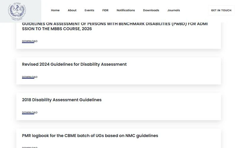 The Guidelines page of the IAPMR Kerala website listing downloadable documents