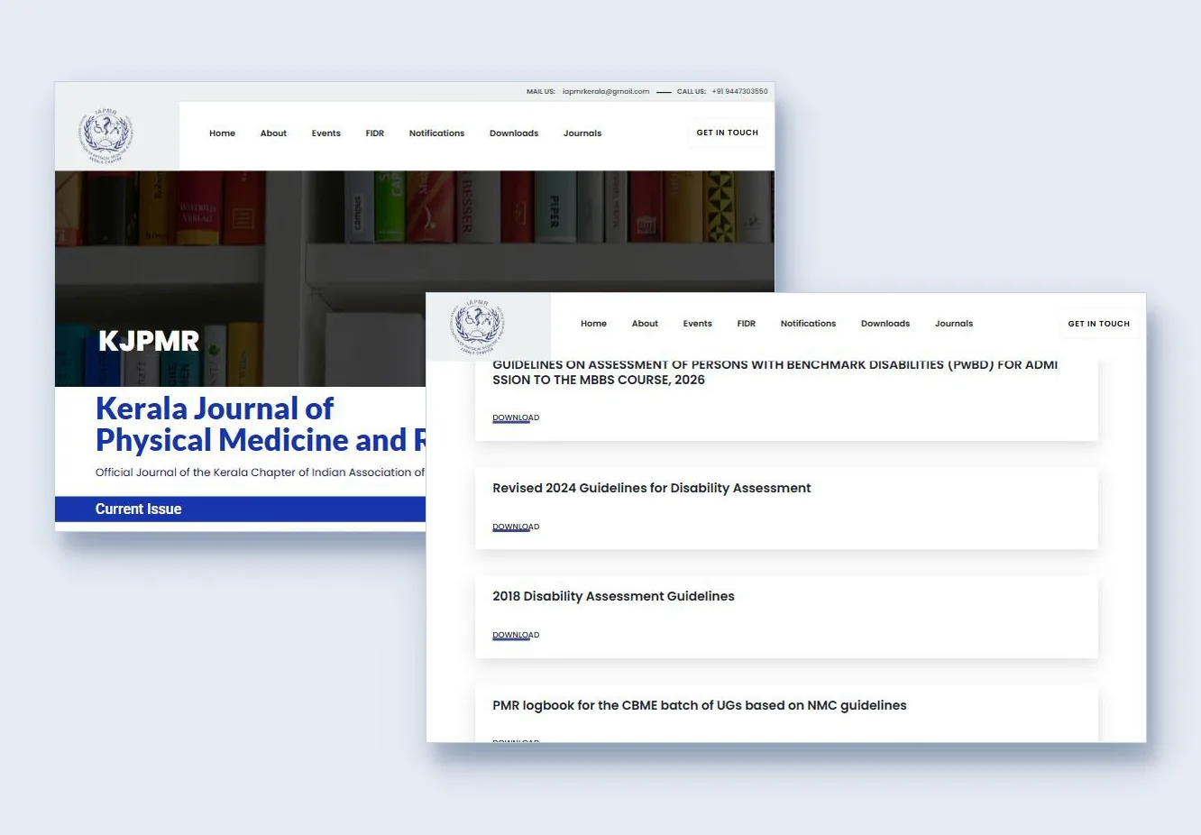Selected pages of the IAPMR Kerala website: the journal page and the guidelines downloads page