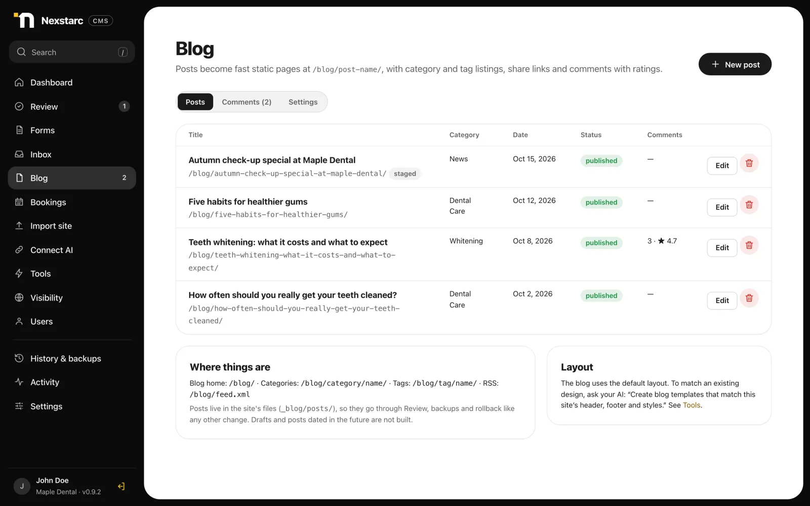 Blog posts list with categories, dates, status and comment totals