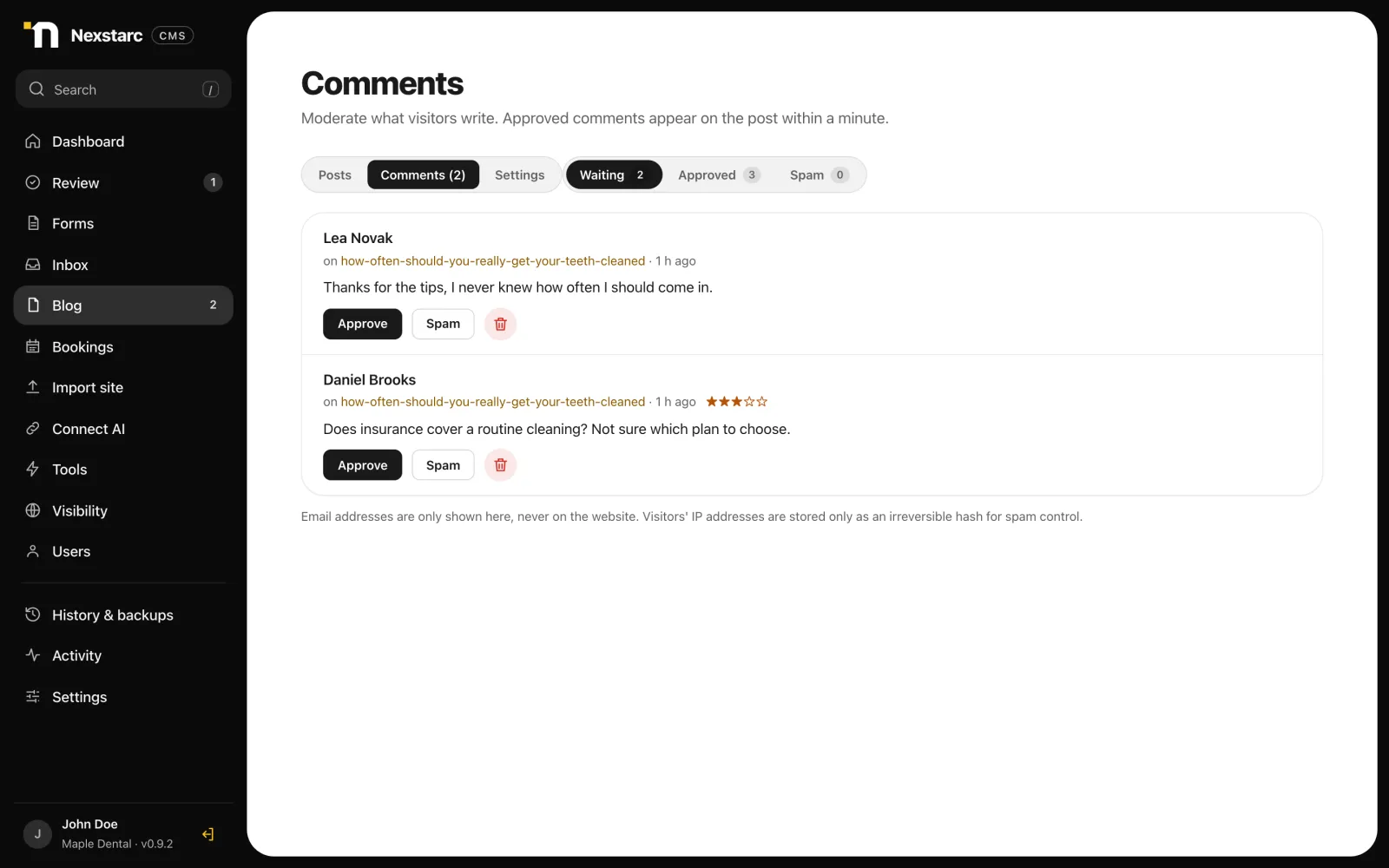 Comment moderation queue with approve and spam buttons