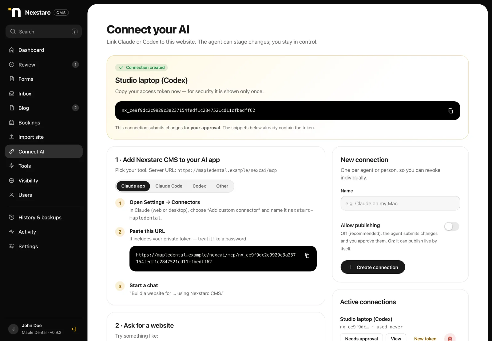 The Connect your AI screen with an access key and setup commands for Claude, Codex and other tools