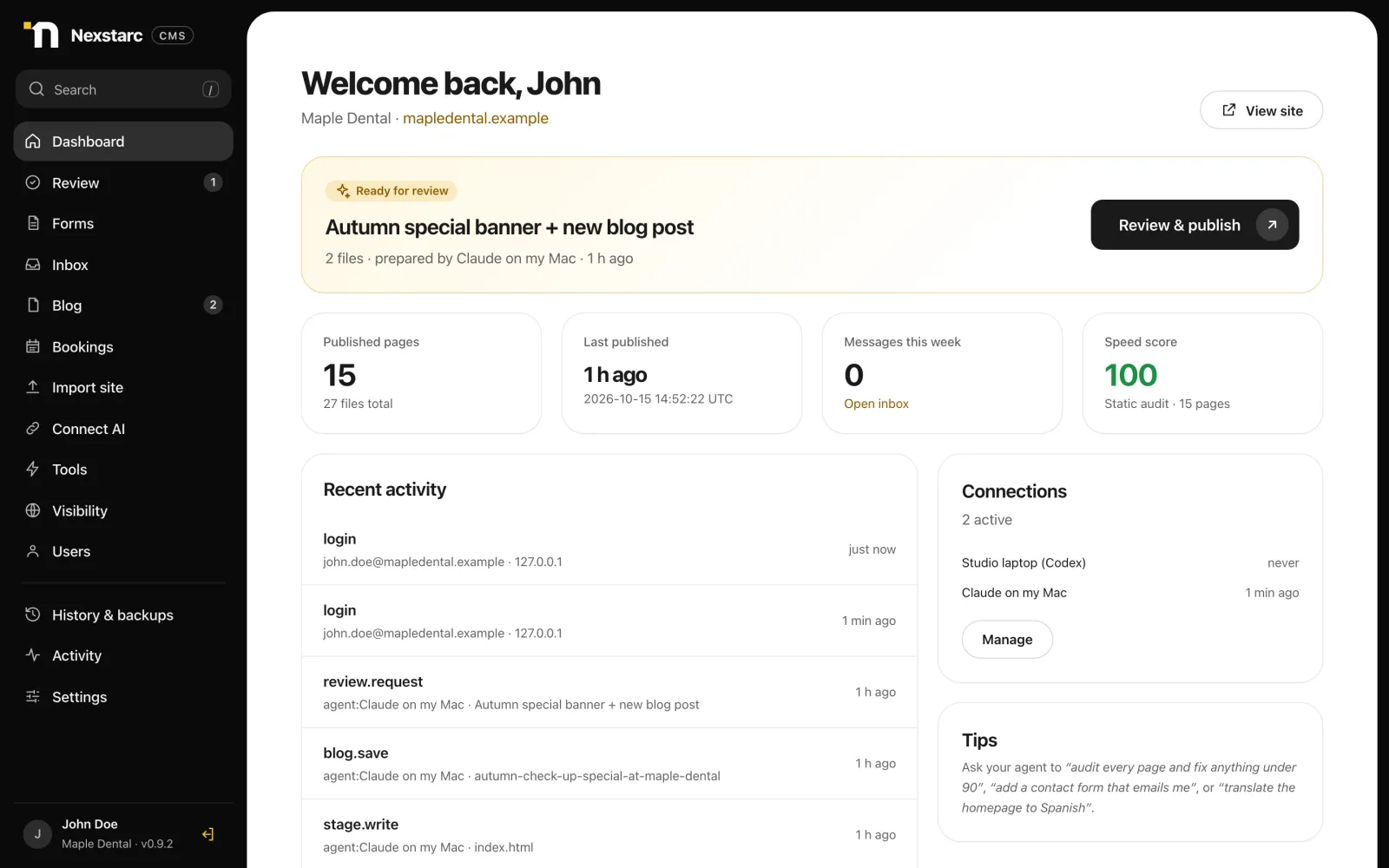 The Nexstarc CMS dashboard showing a change from the AI agent ready for review, published pages and a speed score of 100
