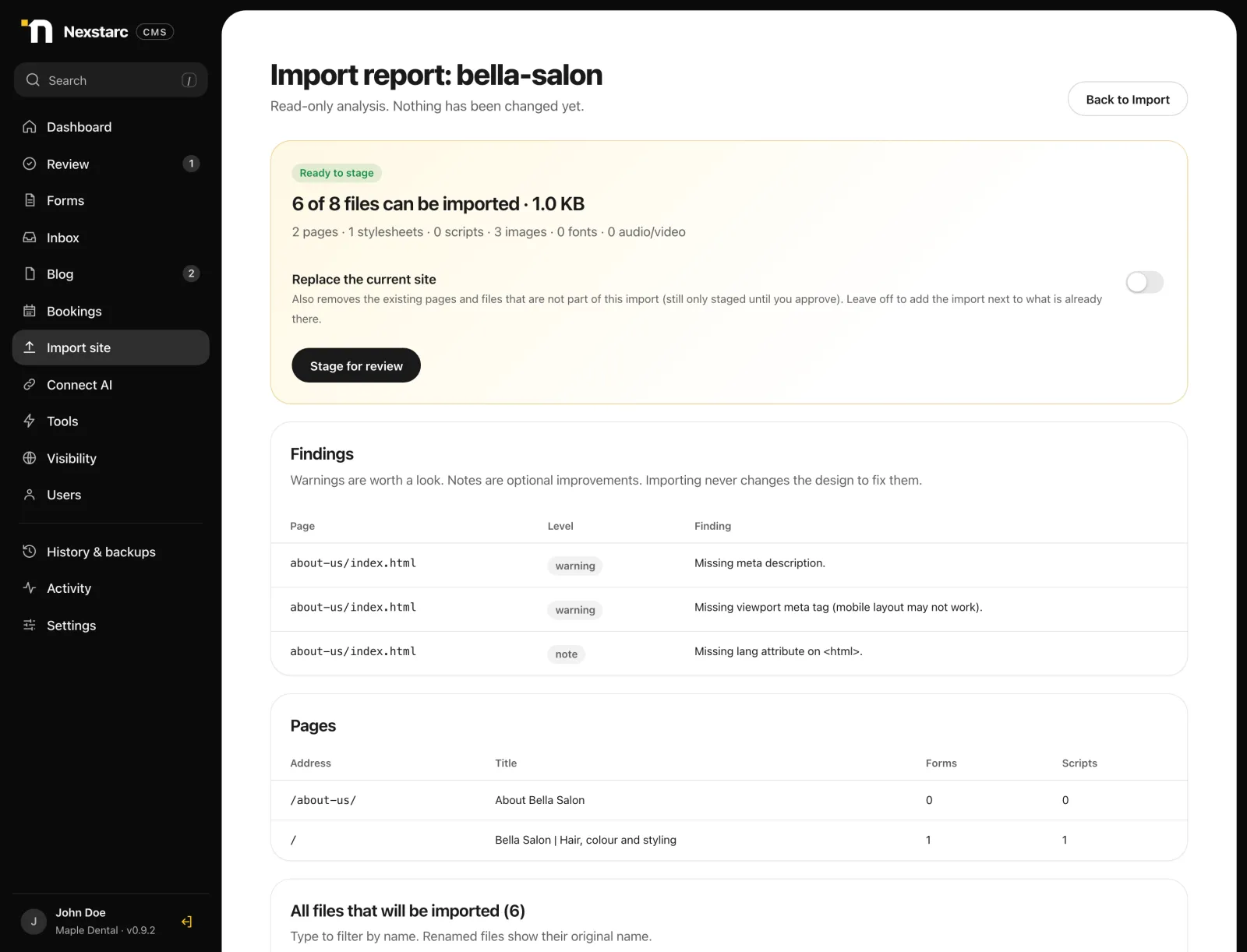 Import report for an existing website with findings, pages and forms