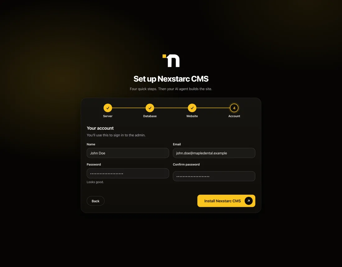 The installer's account step with name, email and password fields and an Install button