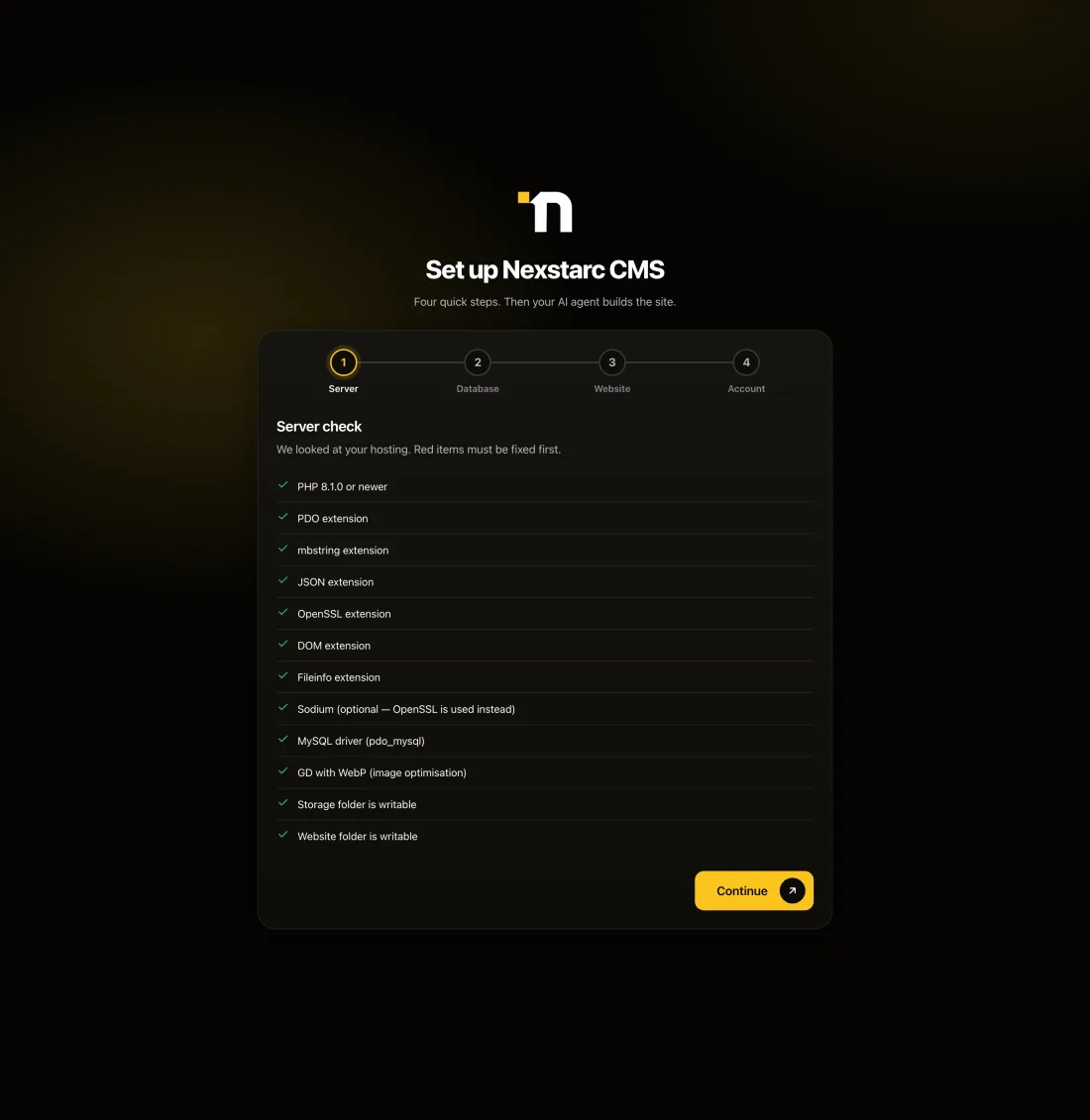 The Nexstarc CMS installer showing a server check with every requirement passed