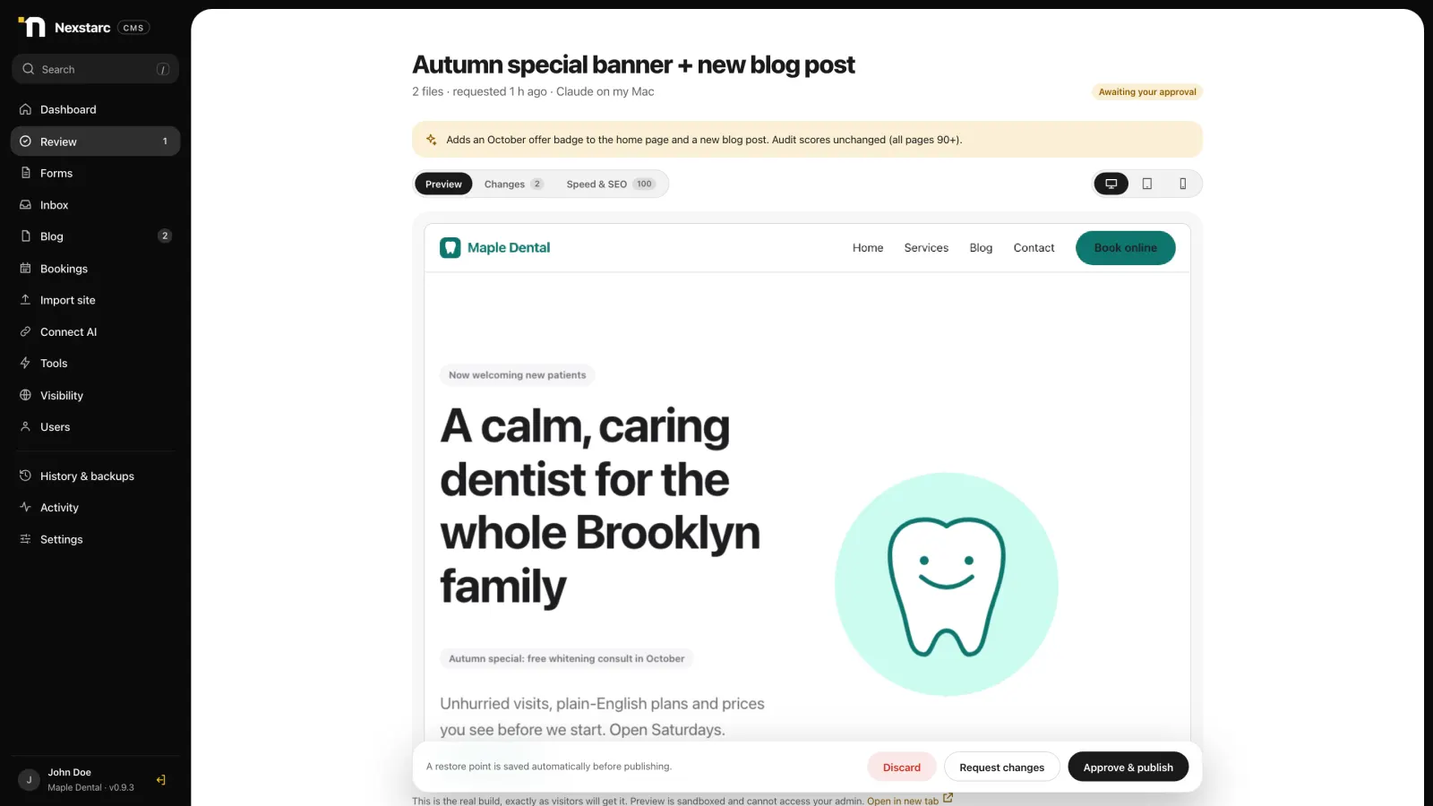 The review screen previewing a draft website before the owner approves it