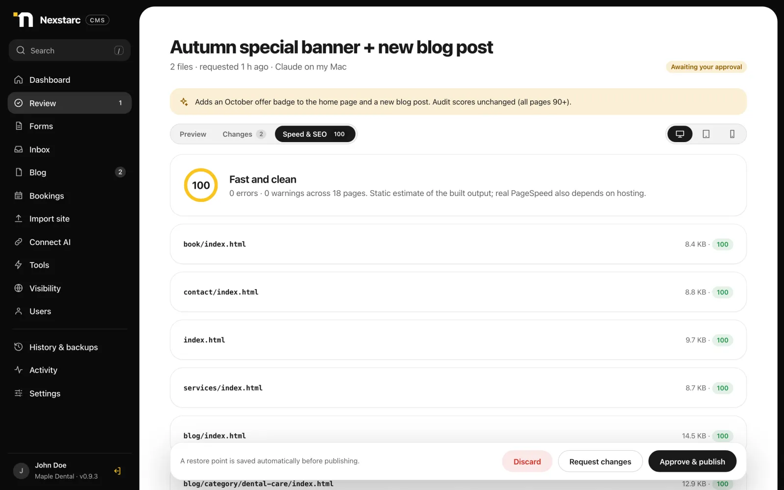 Speed and SEO audit with a score of 100 per page