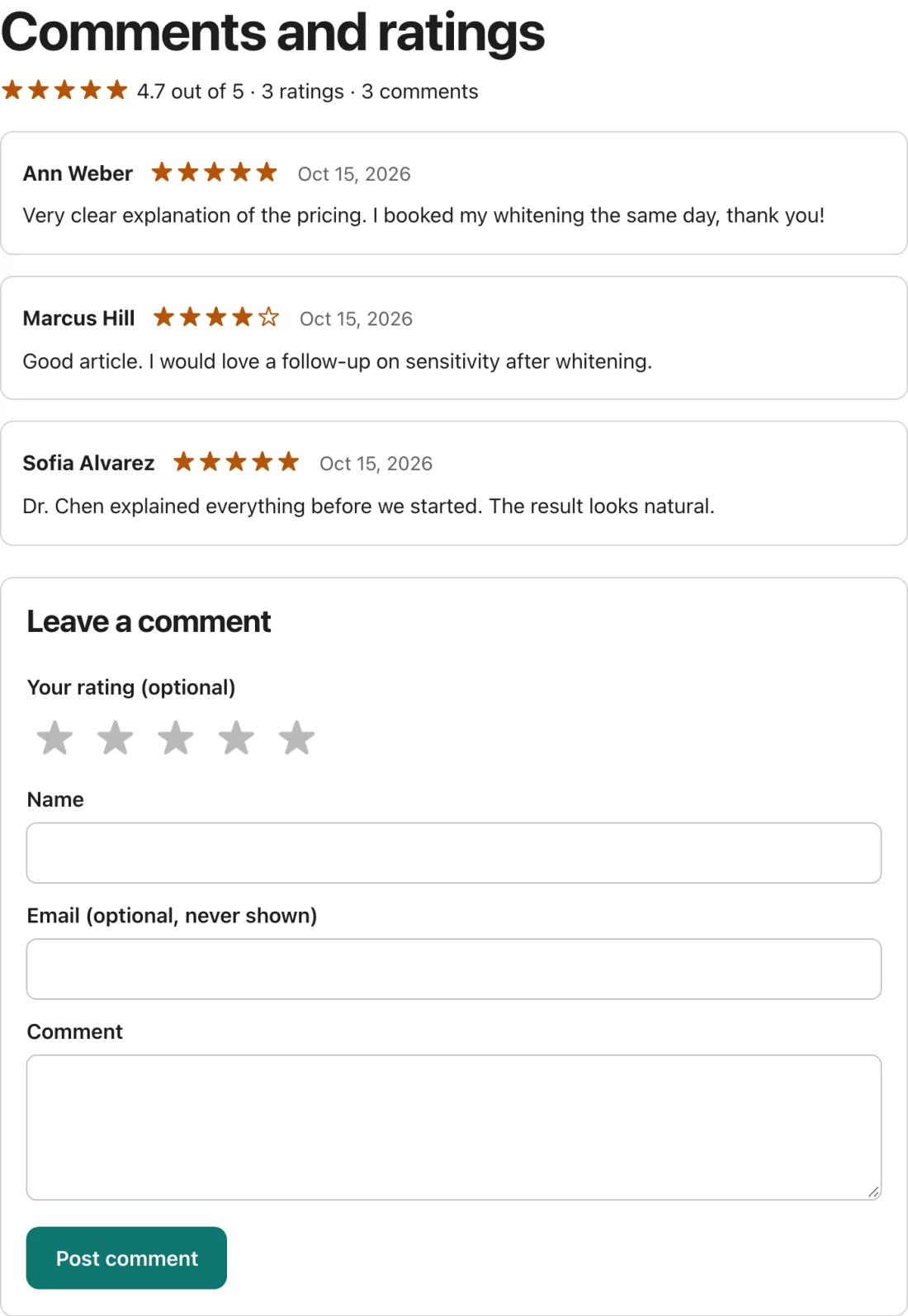 Comments and ratings widget on a blog post showing 4.7 out of 5 from 3 ratings