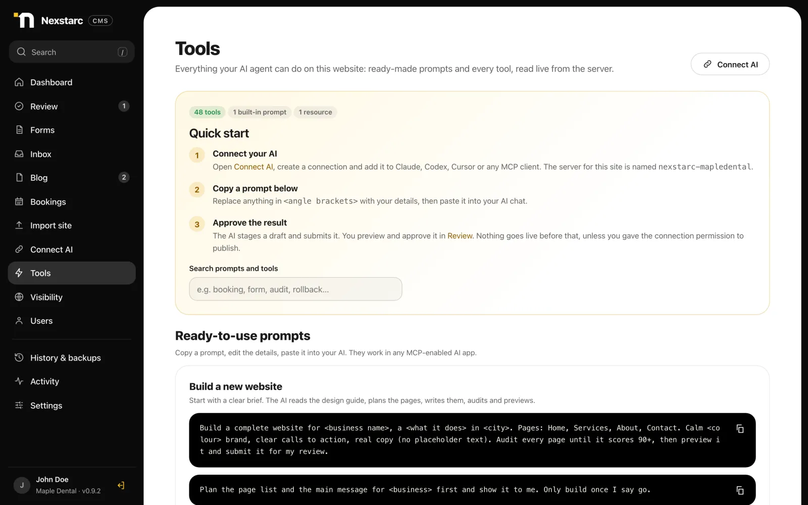 Tools page listing ready-made prompts and every tool the AI can use