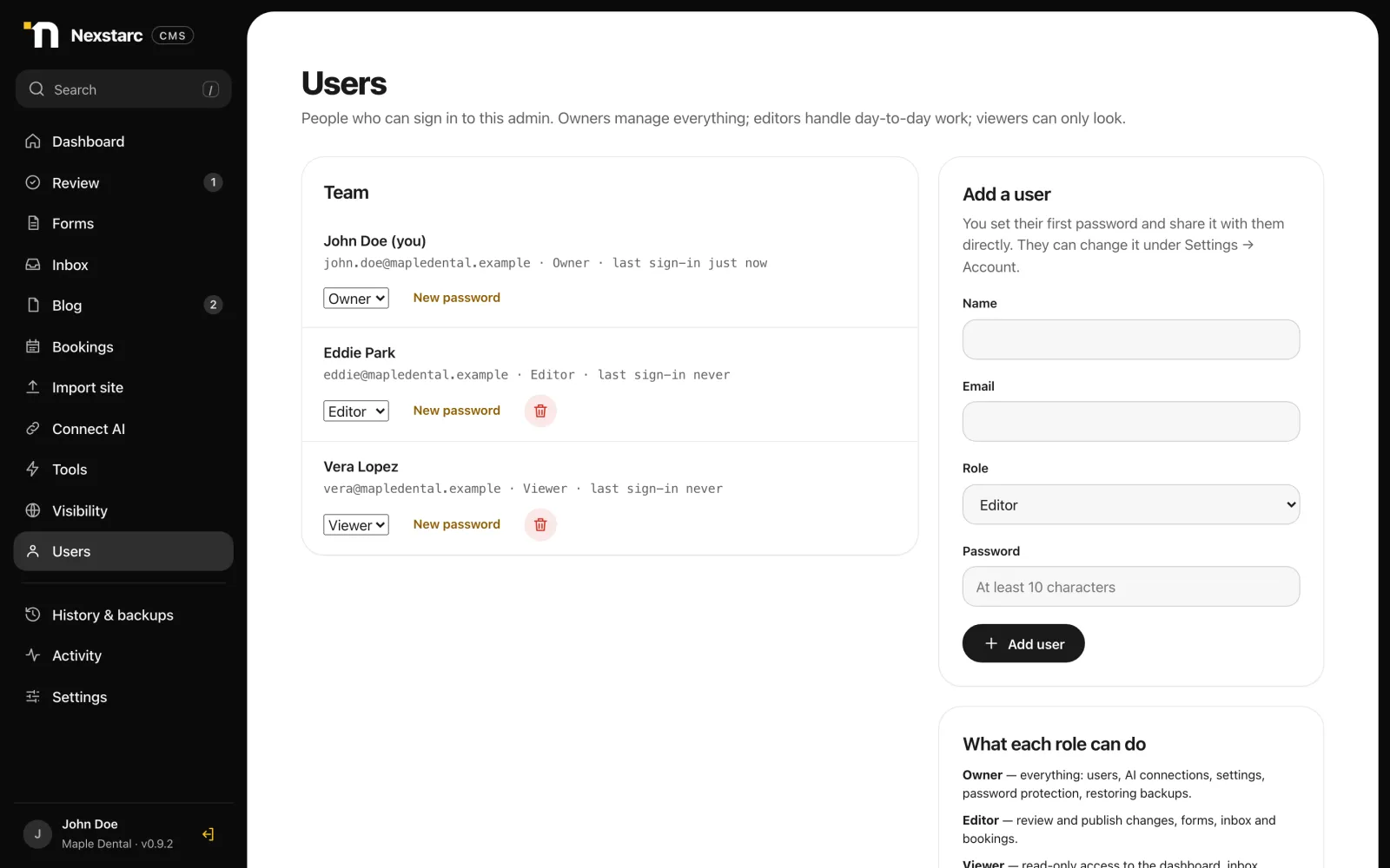 Users page with owner, editor and viewer roles