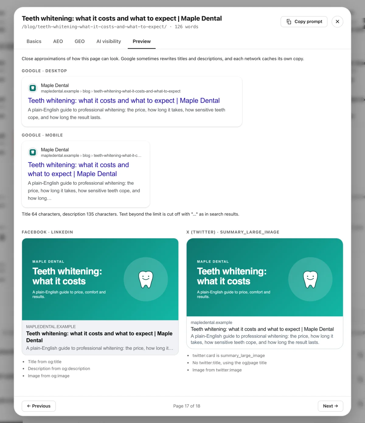 Preview of one page as a Google result on desktop and mobile and as Facebook and X share cards