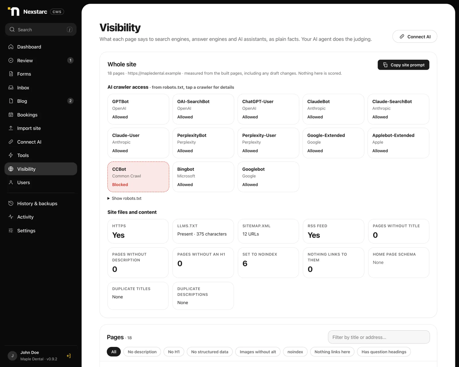 Visibility screen showing which AI crawlers robots.txt allows, llms.txt, sitemap and content facts