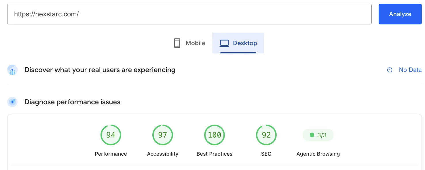 Google PageSpeed Insights report for https://nexstarc.com/ on desktop, 14 October 2026: Performance 94, Accessibility 97, Best Practices 100, SEO 92, Agentic Browsing 3 of 3. Real-user data: No Data.
