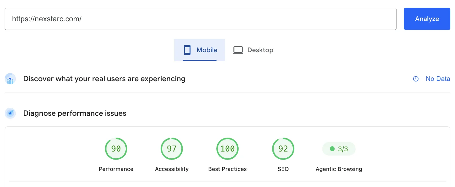 Google PageSpeed Insights report for https://nexstarc.com/ on mobile, 14 October 2026: Performance 90, Accessibility 97, Best Practices 100, SEO 92, Agentic Browsing 3 of 3. Real-user data: No Data.