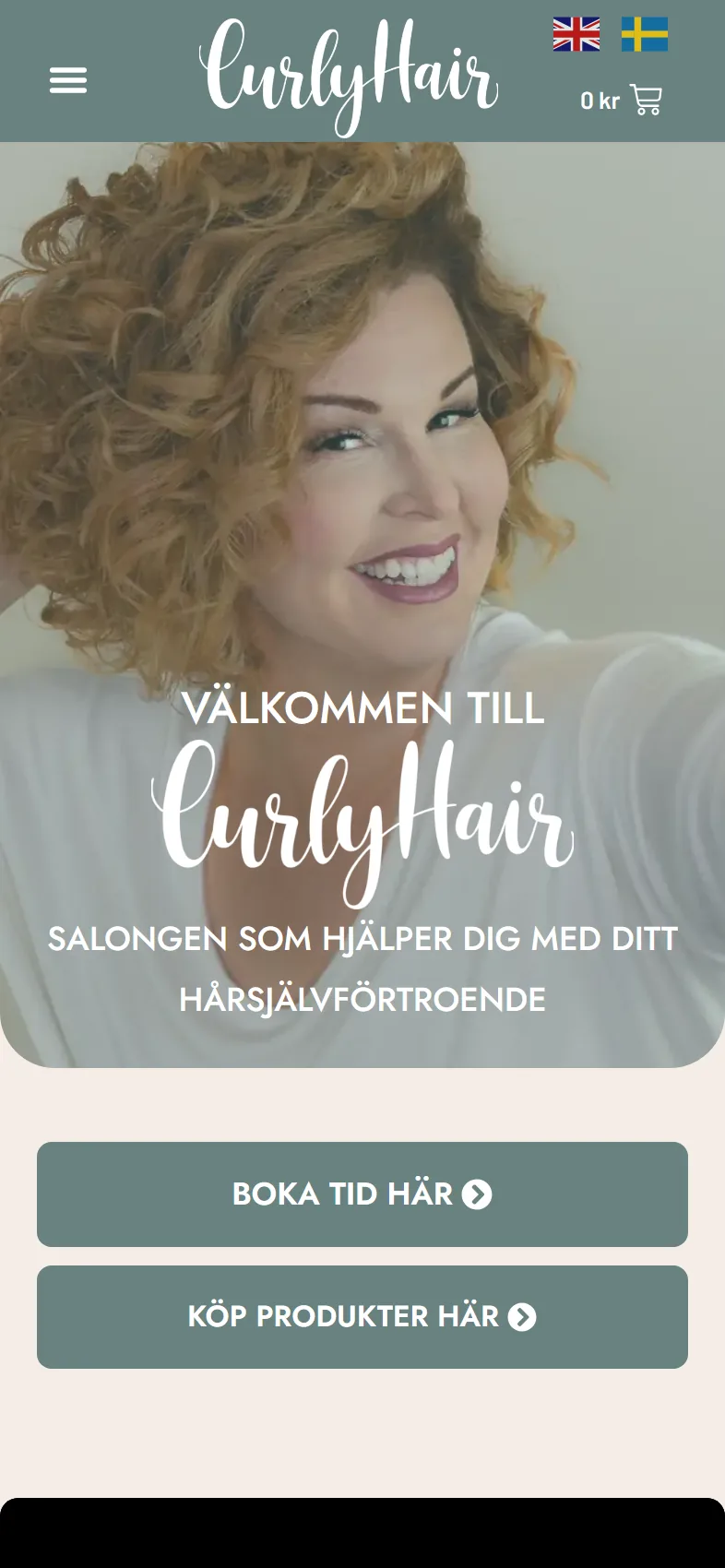 Scrollable preview of the CurlyHair mobile homepage, from the top of the page to the footer. Part 1 of 7.