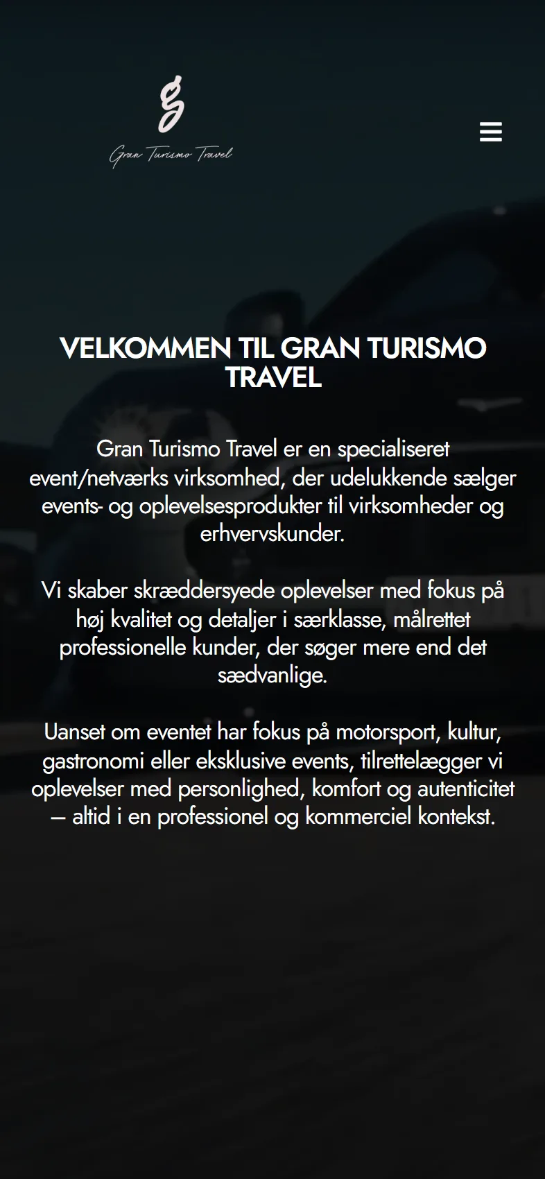 Scrollable preview of the Gran Turismo Travel mobile homepage, from the top of the page to the footer. Part 1 of 5.