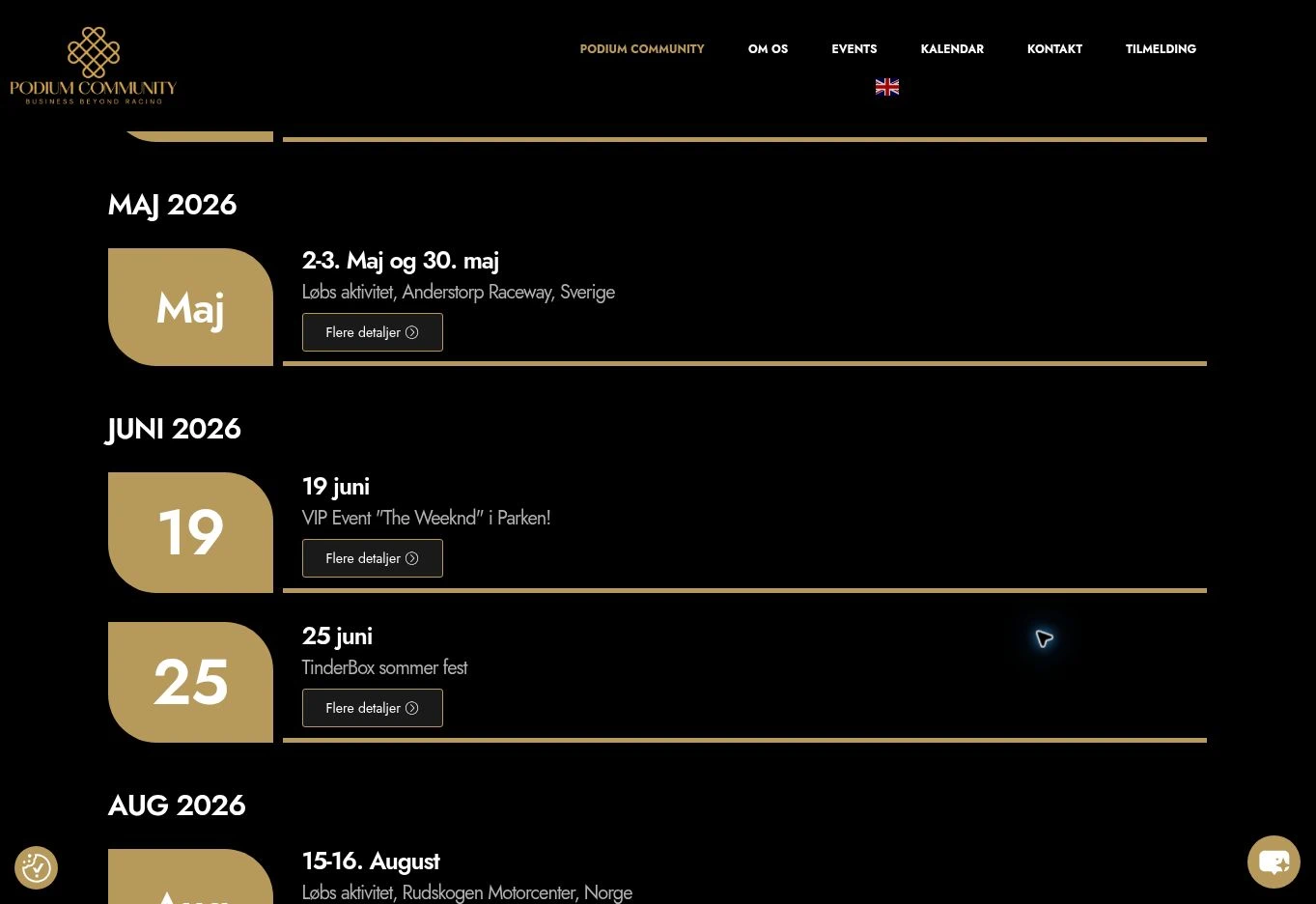 Podium Community list of events grouped by month