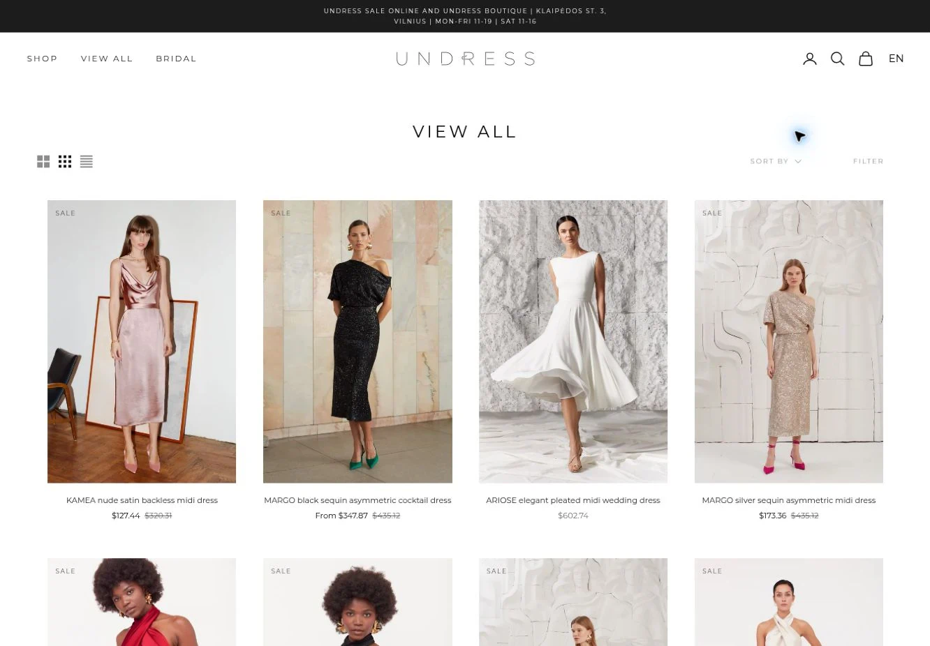UNDRESS collection page with product cards