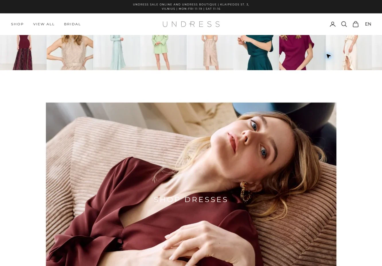 UNDRESS homepage editorial shopping section