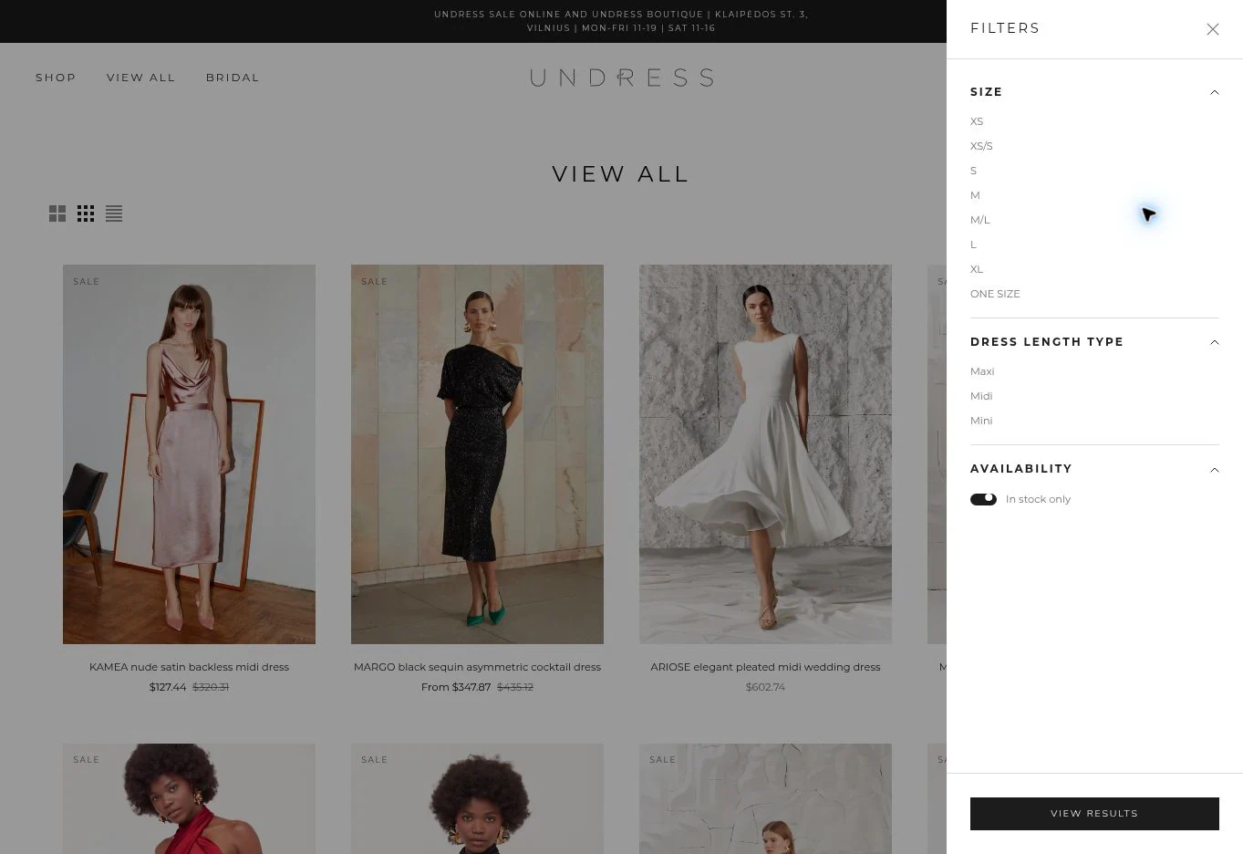 UNDRESS collection filter drawer