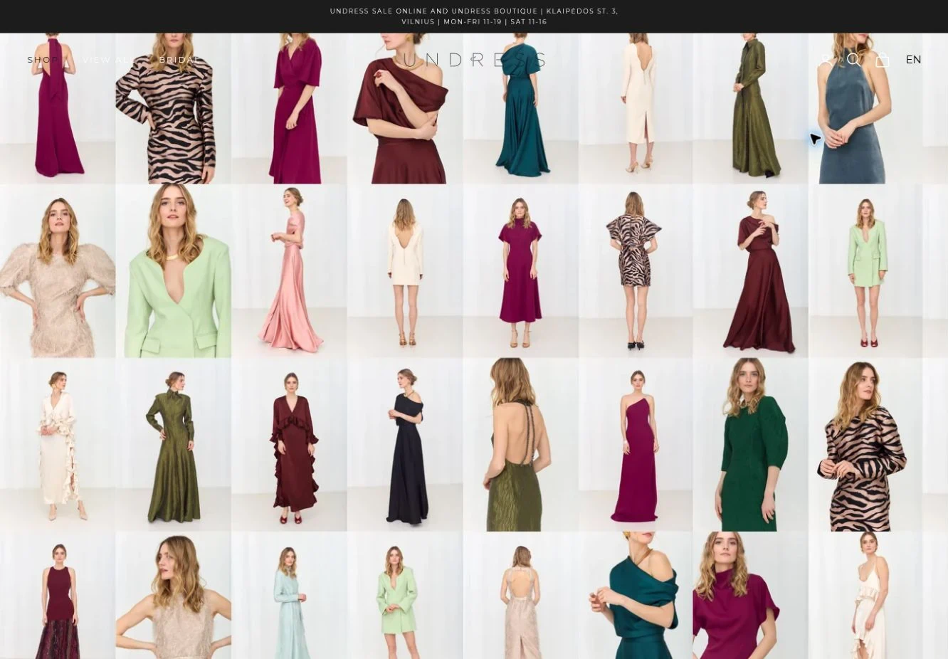 UNDRESS homepage with fashion imagery and navigation