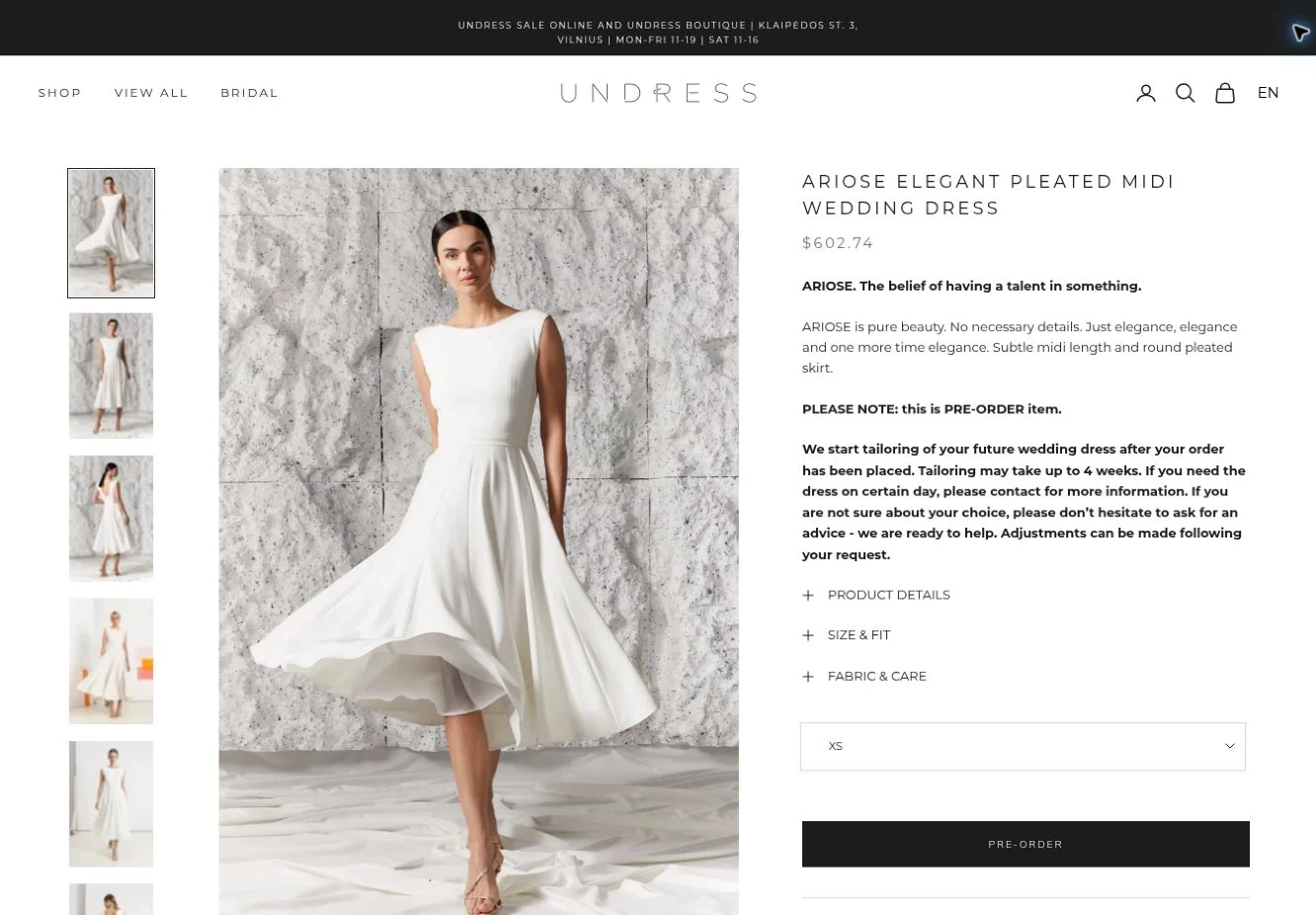 UNDRESS product page with image gallery and product information